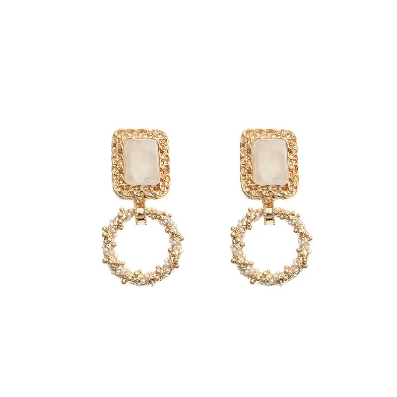 1 Pair Fashion Circle Square Twist Alloy Plating Hollow Out Inlay Resin Pearl Women's Drop Earrings