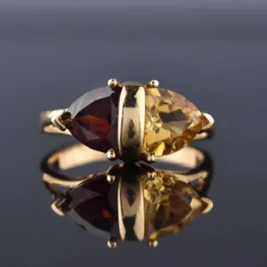 10K Gold Garnet Citrine Trillion Cut Band Ring, Sz 5.75