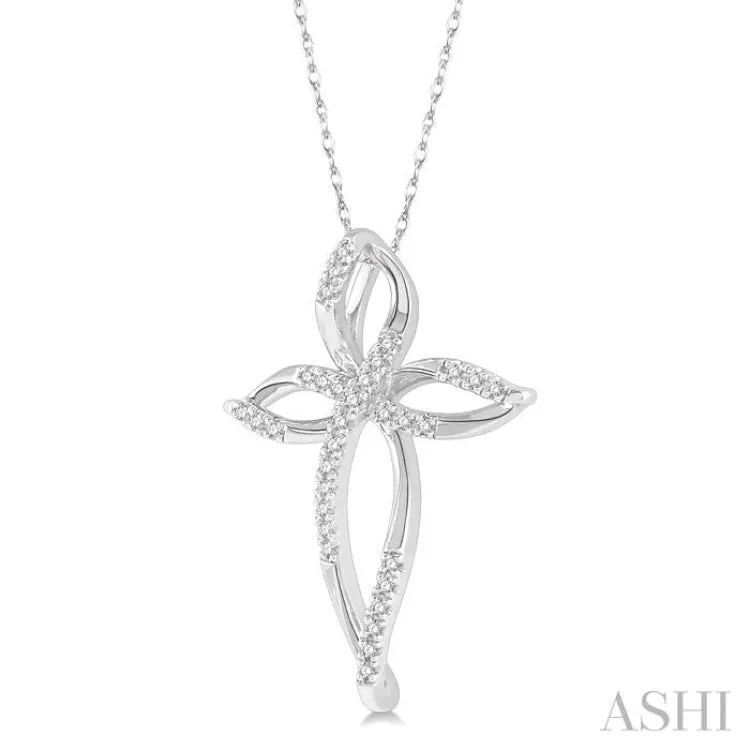 1/10 Ctw Twisted Cross Charm Round Cut Diamond Pendant With Chain in 10K White Gold