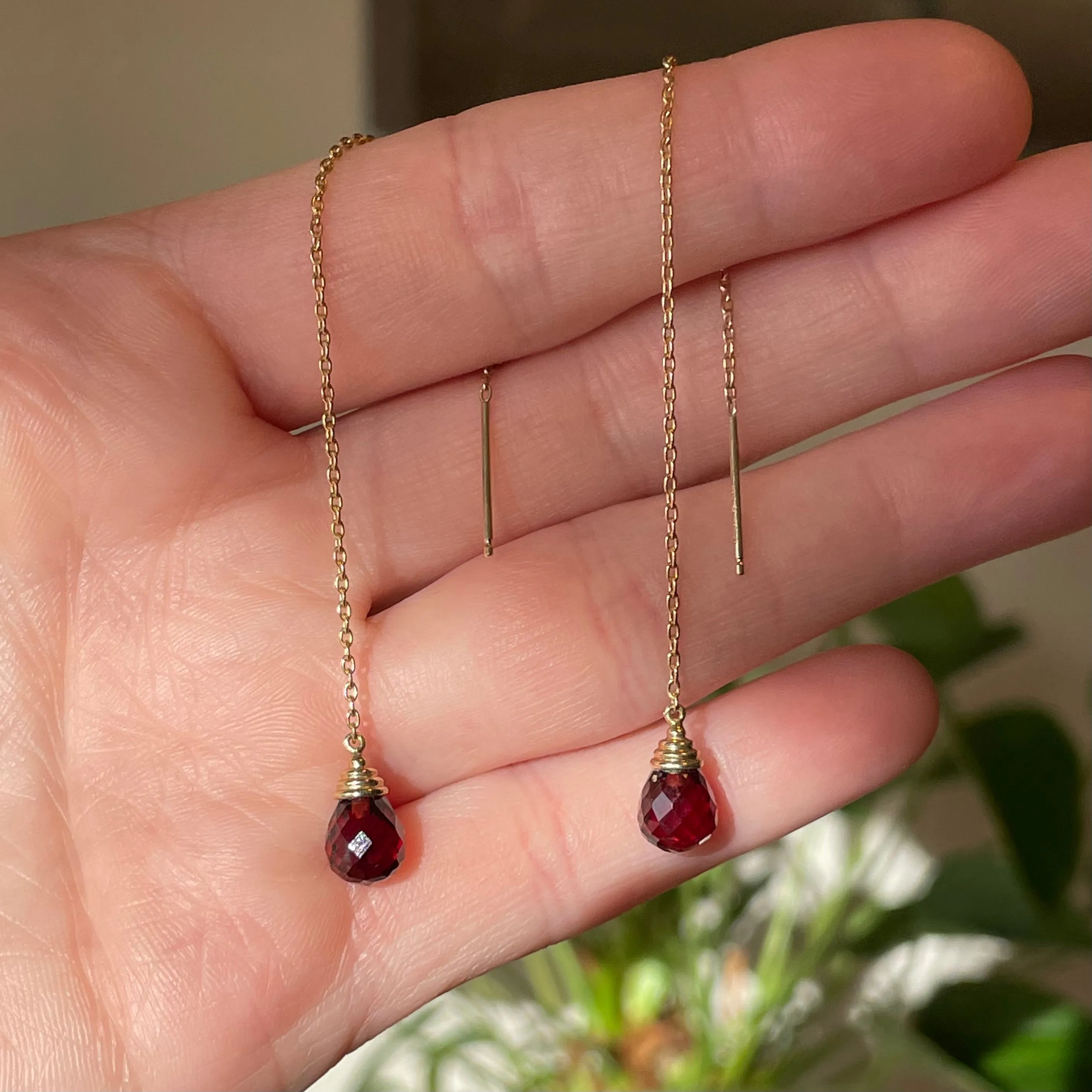 14K Gold Garnet Threader Earrings