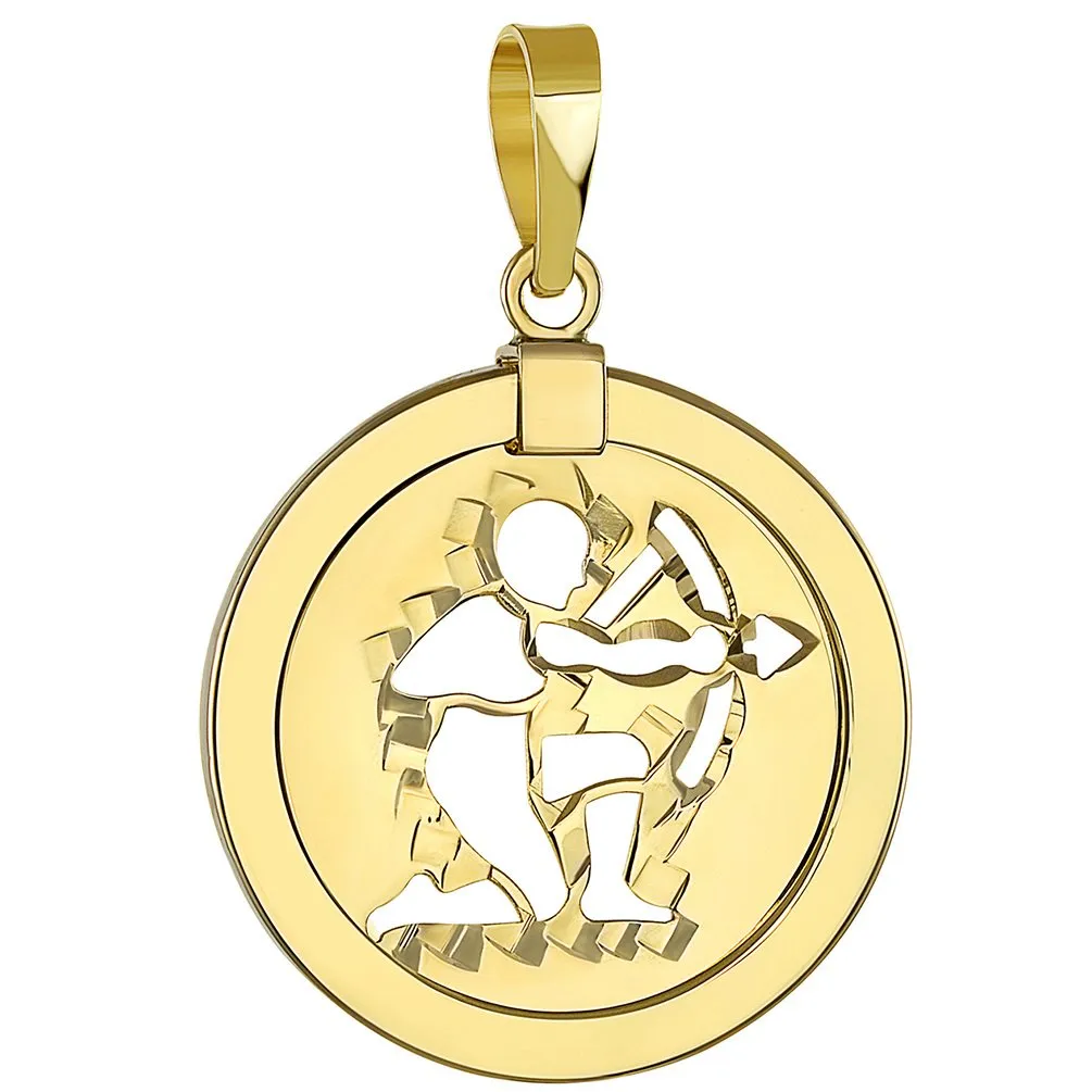 14K Gold Reversible Round Sagittarius Zodiac Sign Pendant - Yellow Gold