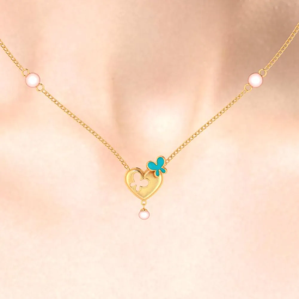 14k Heart-shaped Gold Necklace With Butterflies And A Pearl Drop