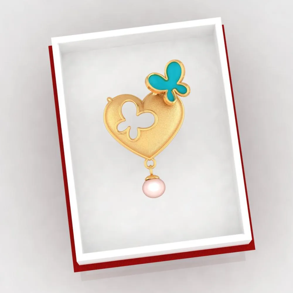 14k Heart-shaped Gold Necklace With Butterflies And A Pearl Drop