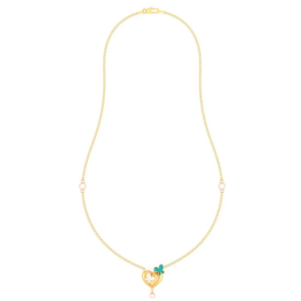 14k Heart-shaped Gold Necklace With Butterflies And A Pearl Drop