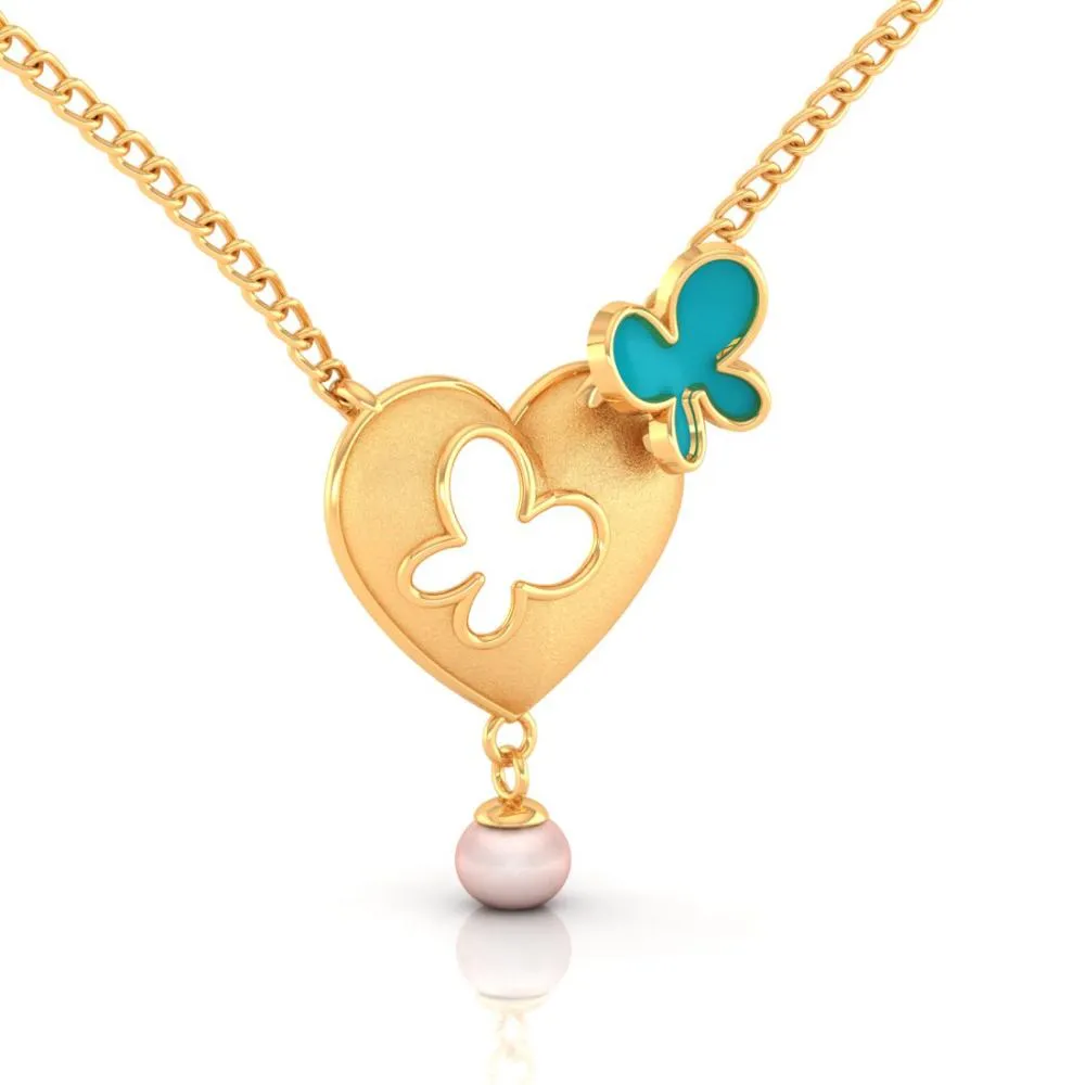 14k Heart-shaped Gold Necklace With Butterflies And A Pearl Drop