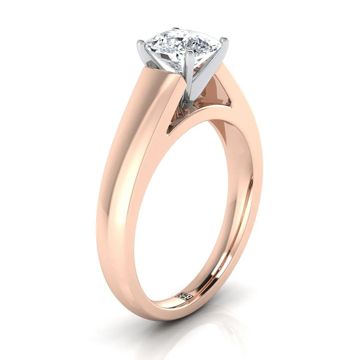 14K Rose Gold Cushion  High Polished Signet Style Tapered Solitaire Engagement Ring