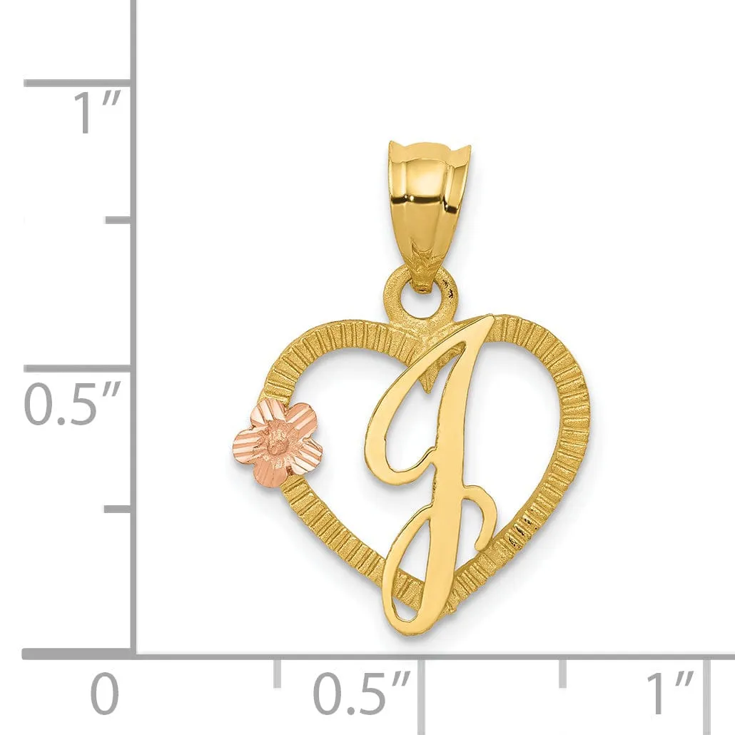 14k Two Tone Gold Heart Flower Design Script Letter J Initial Charm Pendant