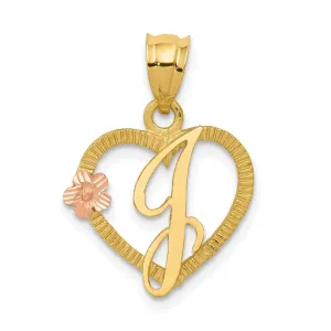 14k Two Tone Gold Heart Flower Design Script Letter J Initial Charm Pendant