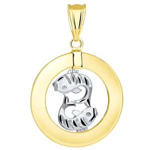 14k Two Tone Gold Open Circle Pisces Zodiac Sign Pendant