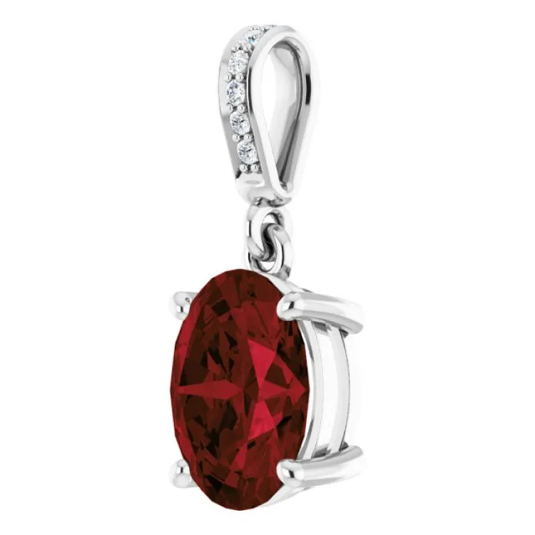 14K White 9x7 mm Oval Natural Mozambique Garnet and .03 CTW Natural Diamond Pendant