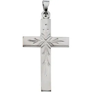 14K White Gold Carved Cross Pendant