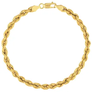 14k Yellow Gold Hollow 7mm Rope Chain Bracelet with Lobster Lock - Light Rope Chain Bracelet with Diamond Cut