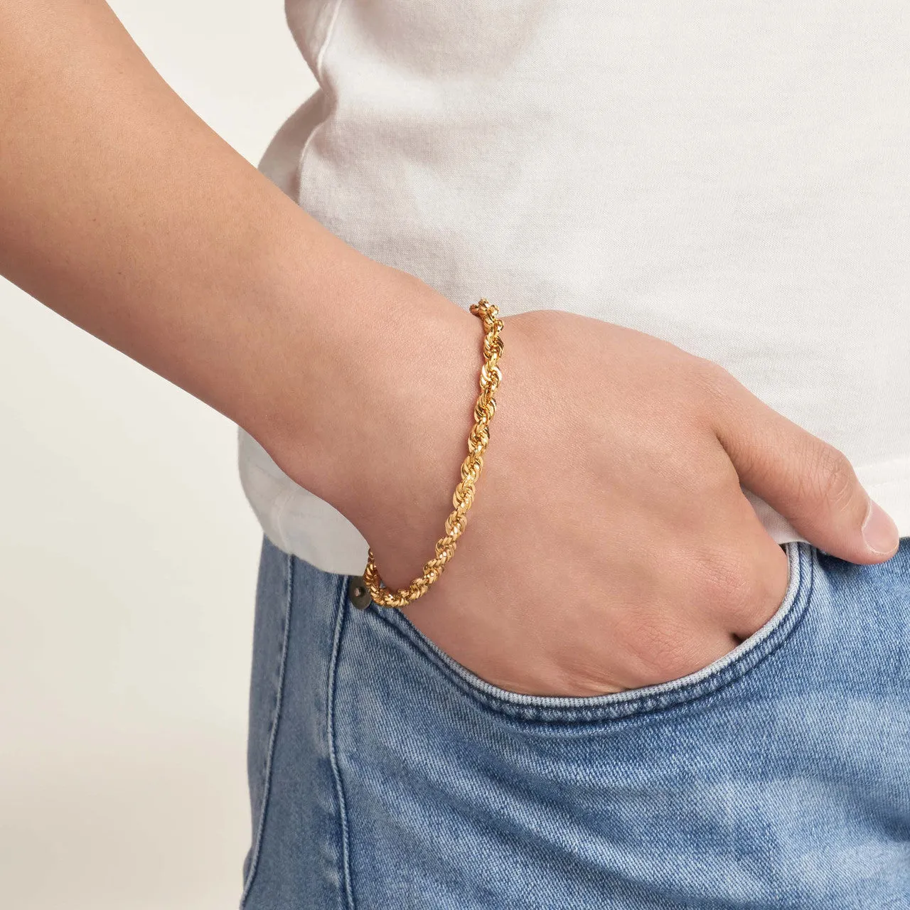 14k Yellow Gold Hollow 7mm Rope Chain Bracelet with Lobster Lock - Light Rope Chain Bracelet with Diamond Cut