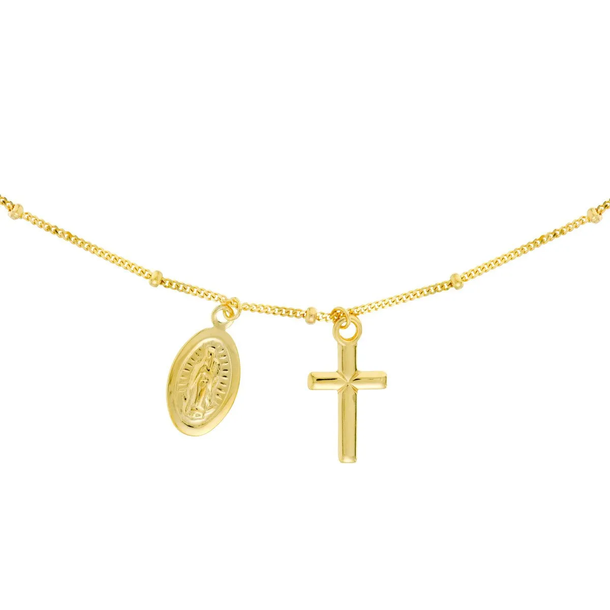 14K Yellow Gold Mary and Cross Dangles Adjustable Choker