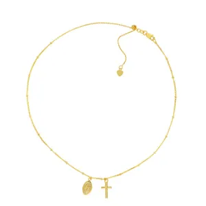 14K Yellow Gold Mary and Cross Dangles Adjustable Choker