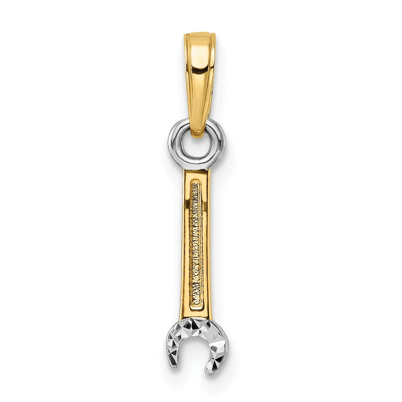 14k Yellow Gold, White Rhodium Diamond Cut Polished Finish Solid Open Wrench Tool Charm Pendant