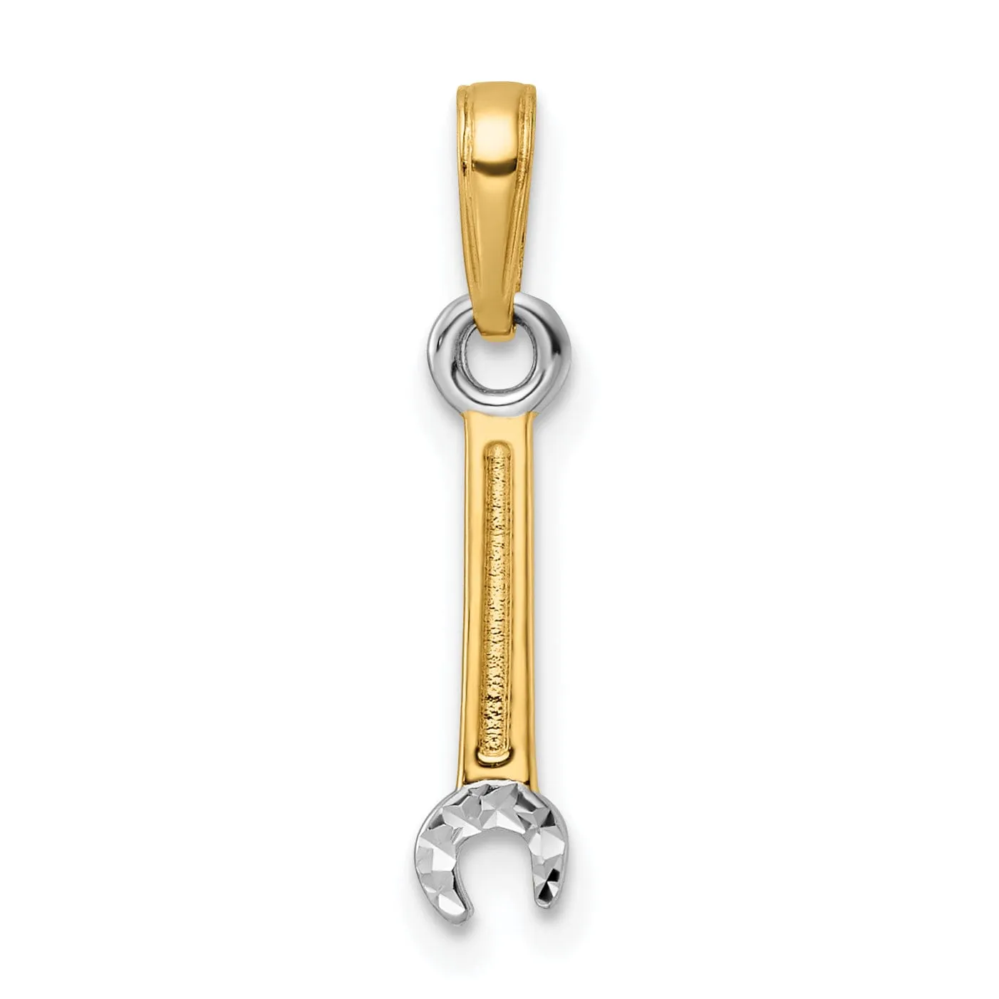 14k Yellow Gold, White Rhodium Diamond Cut Polished Finish Solid Open Wrench Tool Charm Pendant