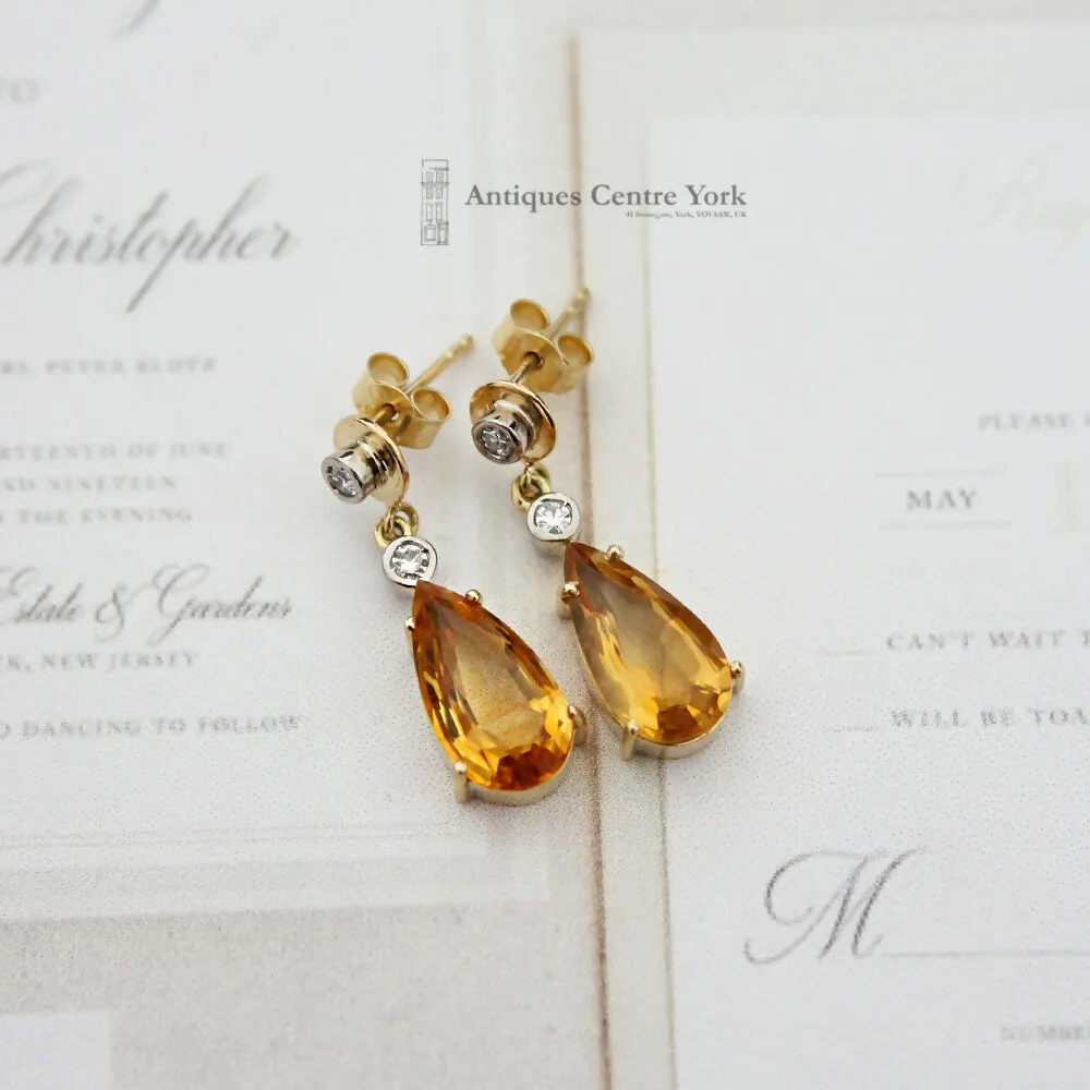 18ct Citrine & Diamond Drop Earrings