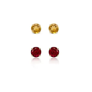 18k Yellow Gold Plated 1/2Ct Created Citrine and Garnet 2 Pair Round Stud Earrings