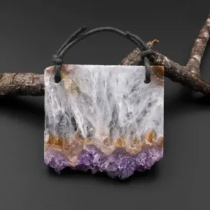 2 Hole Pendant Natural Smoky Quartz White Purple Amethyst Stalactite Druzy Pendant Drilled Flat Slice Long Rectangle P0173