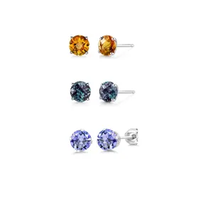 24k White Gold Plated 2Ct Created Citrine, Alexandrite and Tanzanite 3 Pair Round Stud Earrings