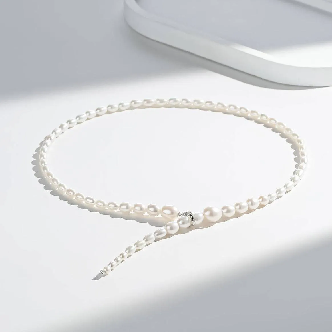 3-7mm Freshwater Snake Style Rice Pearl Necklace