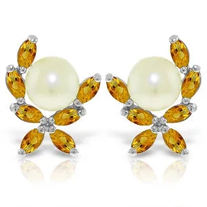 3.25 Carat 14K Solid White Gold Stud Earrings Natural Citrine Pearl