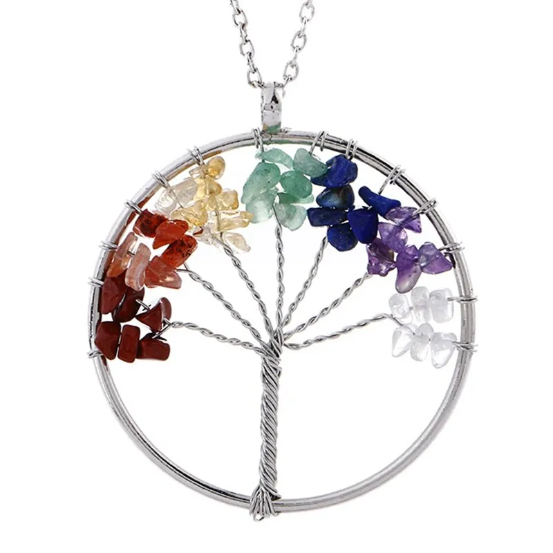 7 Chakra Quartz Natural Stone Tree of Life pendulum Pendant Necklace for Women  Healing Crystal Necklaces