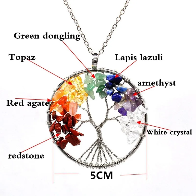 7 Chakra Quartz Natural Stone Tree of Life pendulum Pendant Necklace for Women  Healing Crystal Necklaces