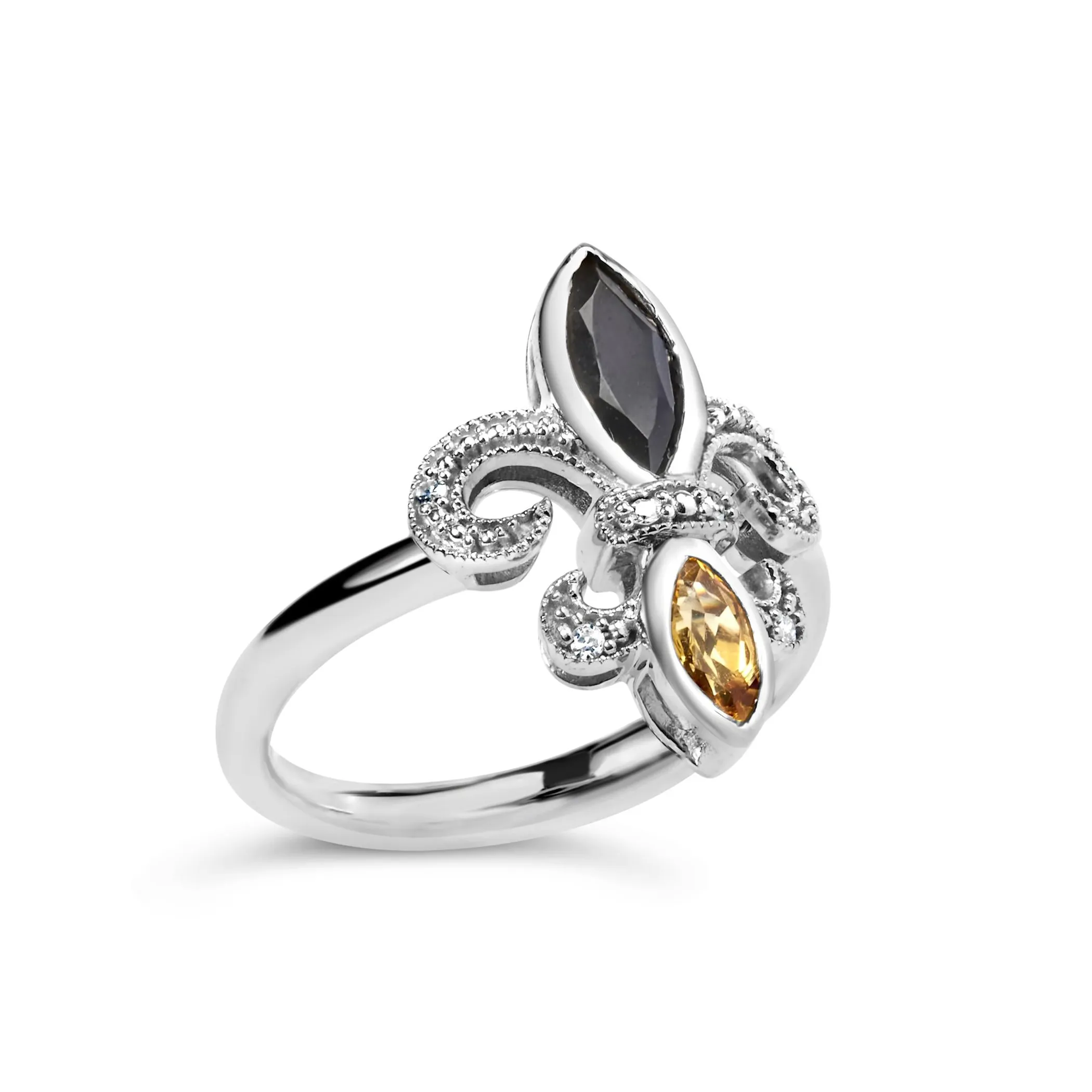 .925 Sterling Silver Black Onyx and Yellow Citrine Marquise and Diamond Accent Fleur De Lis Ring (H-I Color, SI1-SI2 Clarity) - Size 7