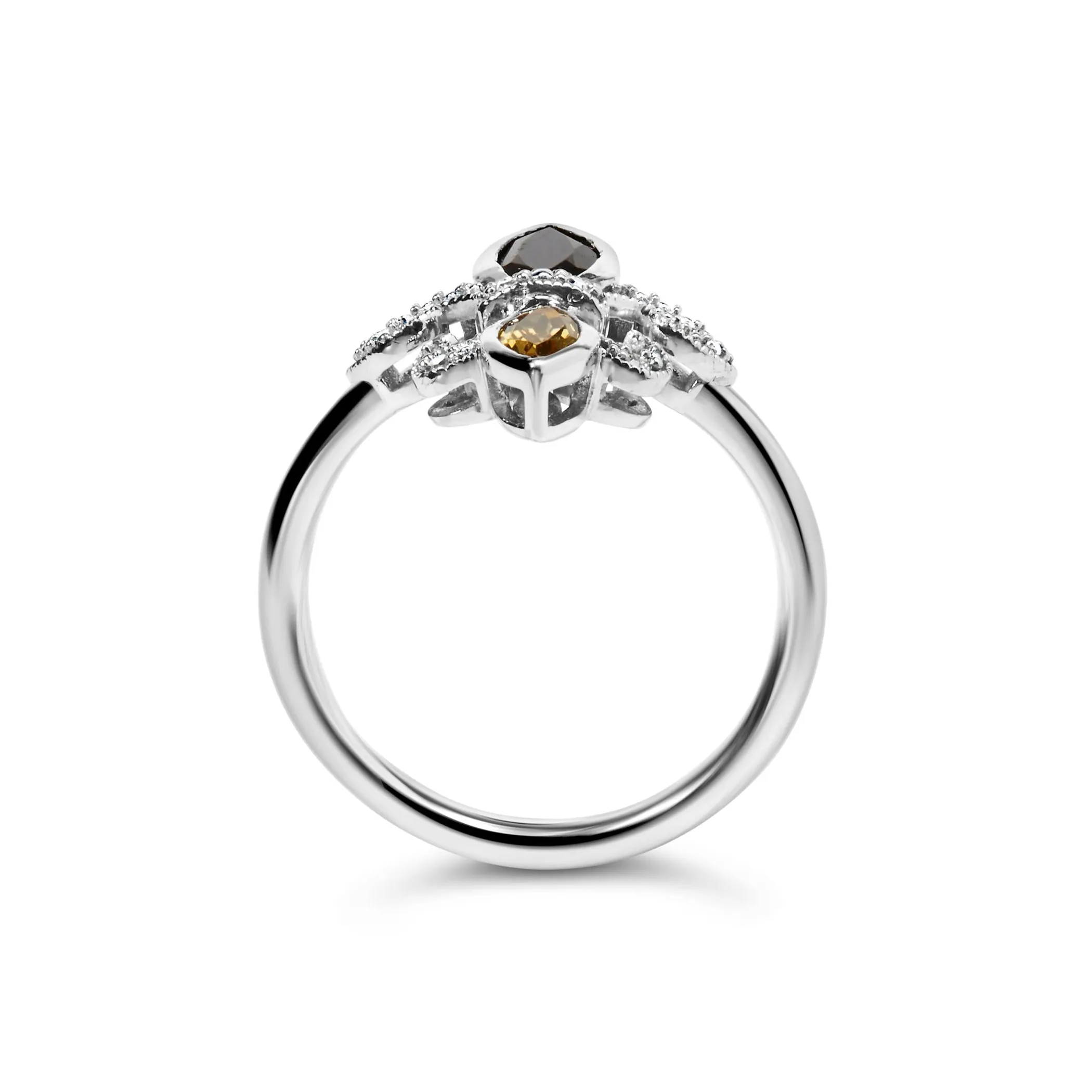 .925 Sterling Silver Black Onyx and Yellow Citrine Marquise and Diamond Accent Fleur De Lis Ring (H-I Color, SI1-SI2 Clarity) - Size 7