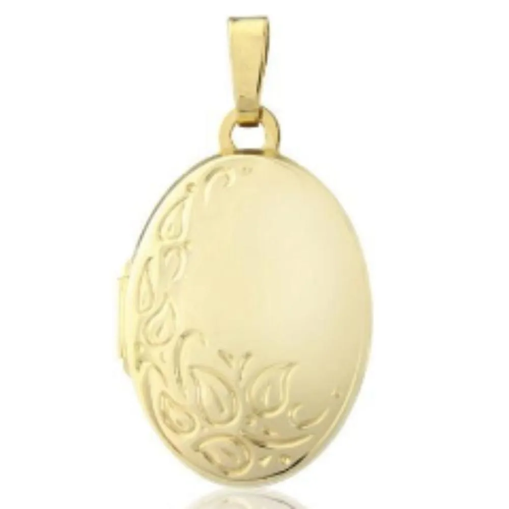 9ct yellow gold patterned oval locket & chain