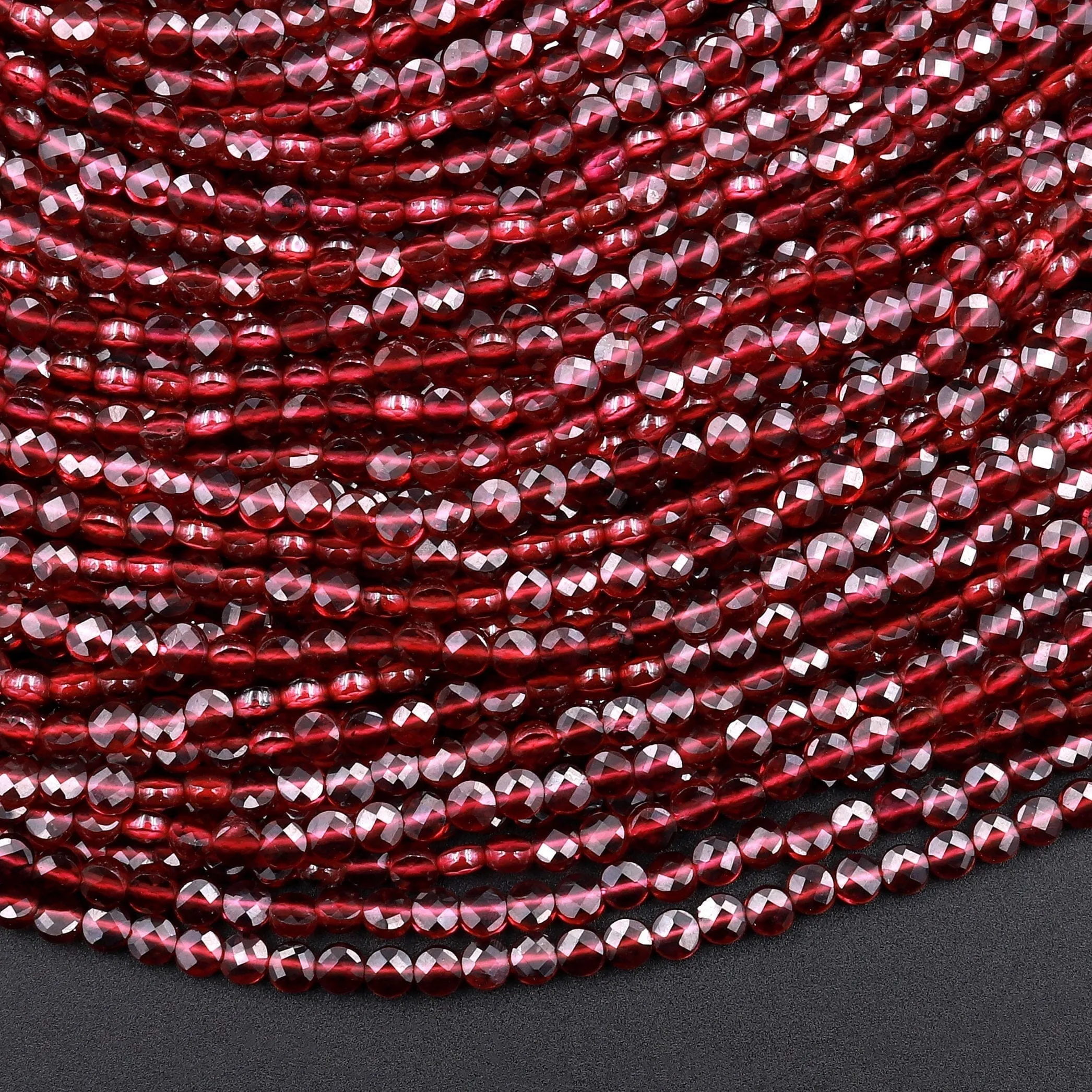 AAA Faceted Natural Red Garnet Coin Beads 2mm 3mm 4mm Flat Disc Dazzling Micro Diamond Cut 15.5" Strand