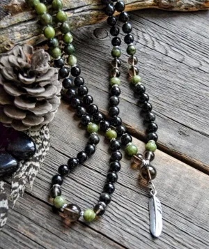 Abundance, Good Luck, Protection in Black Obsidian, Canadian Olive Jade Mala Necklace