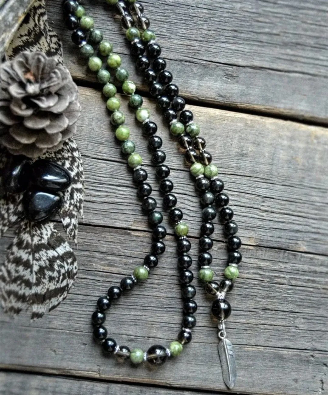 Abundance, Good Luck, Protection in Black Obsidian, Canadian Olive Jade Mala Necklace