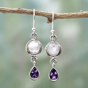 Amethyst Rainbow Moonstone Dangle Earrings from India - Purple Droplets | NOVICA