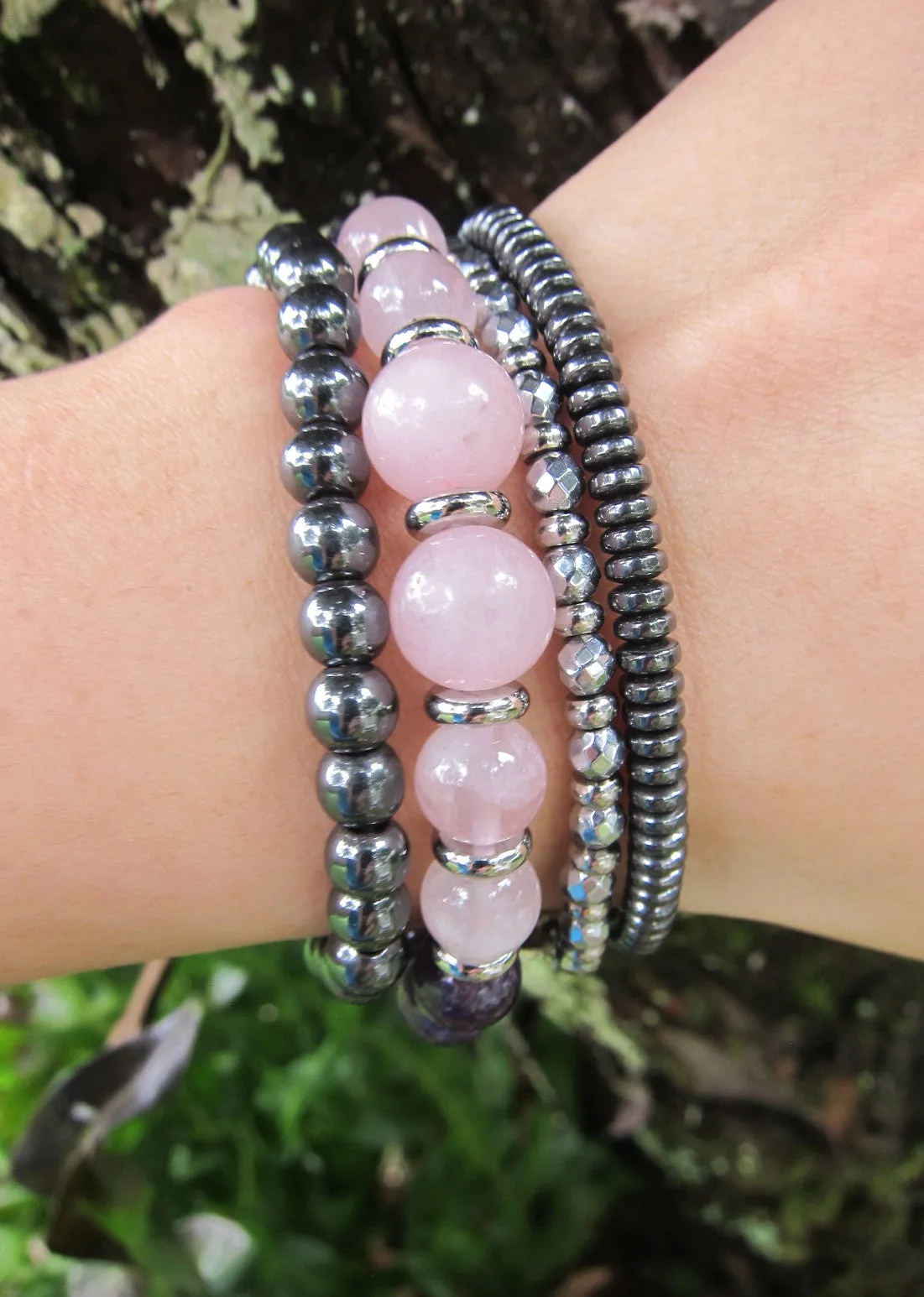 Amethyst, Tree Agate, Pink Quartz Mala Bracelet