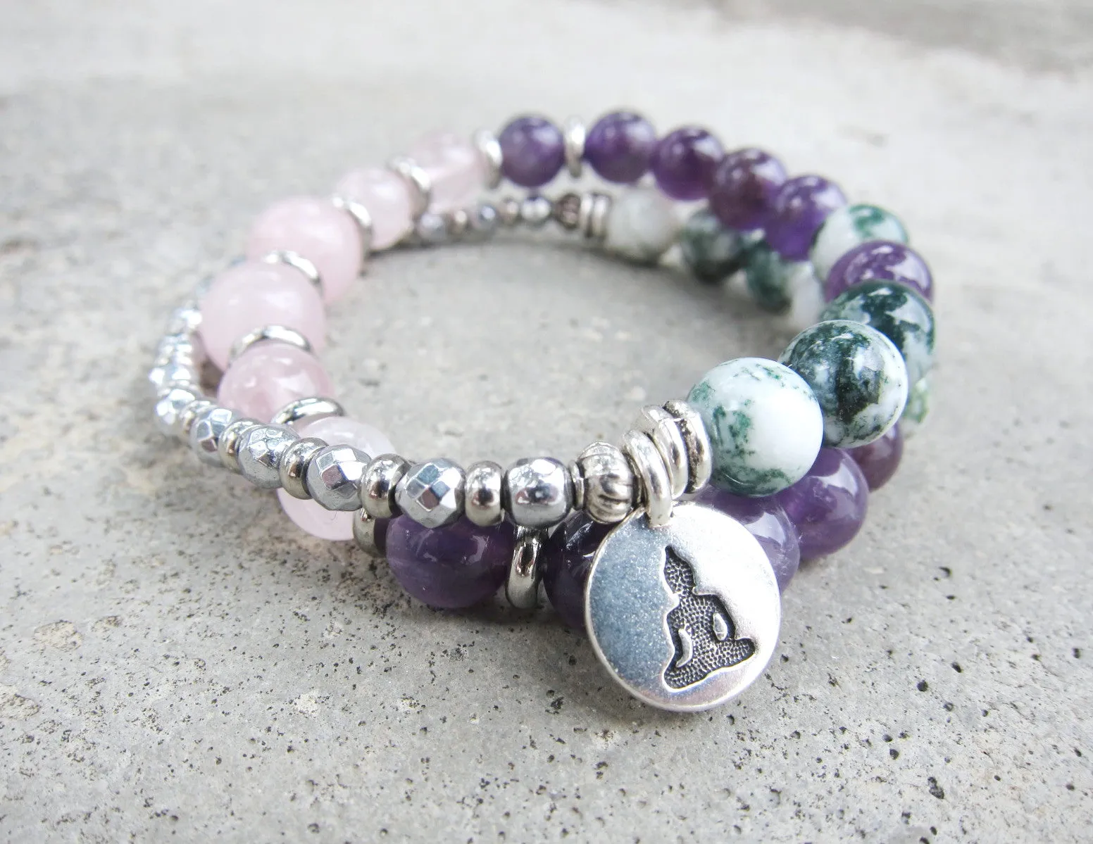 Amethyst, Tree Agate, Pink Quartz Mala Bracelet