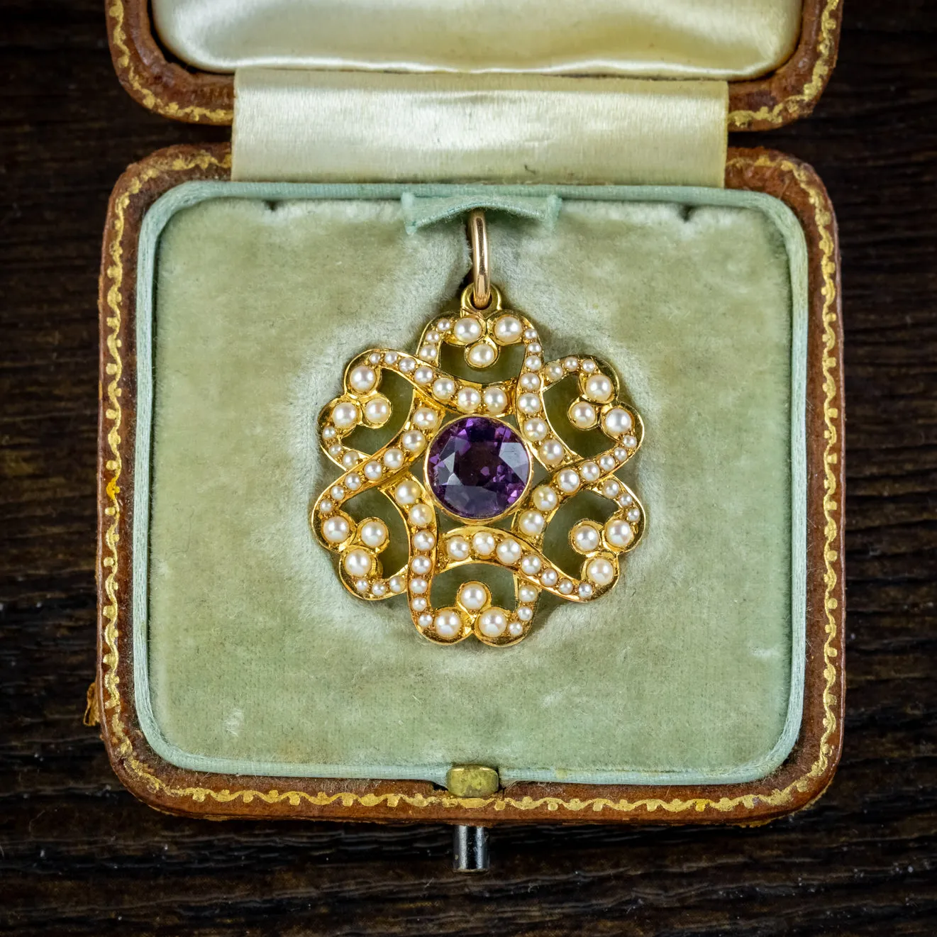 Antique Edwardian Amethyst Pearl Pendant 15ct Gold Circa 1905 Boxed