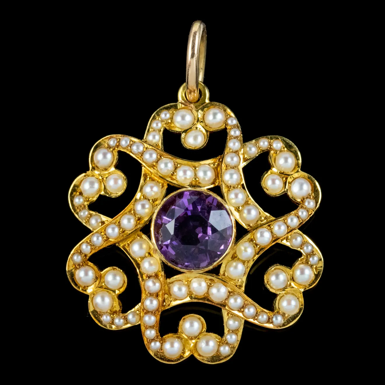 Antique Edwardian Amethyst Pearl Pendant 15ct Gold Circa 1905 Boxed