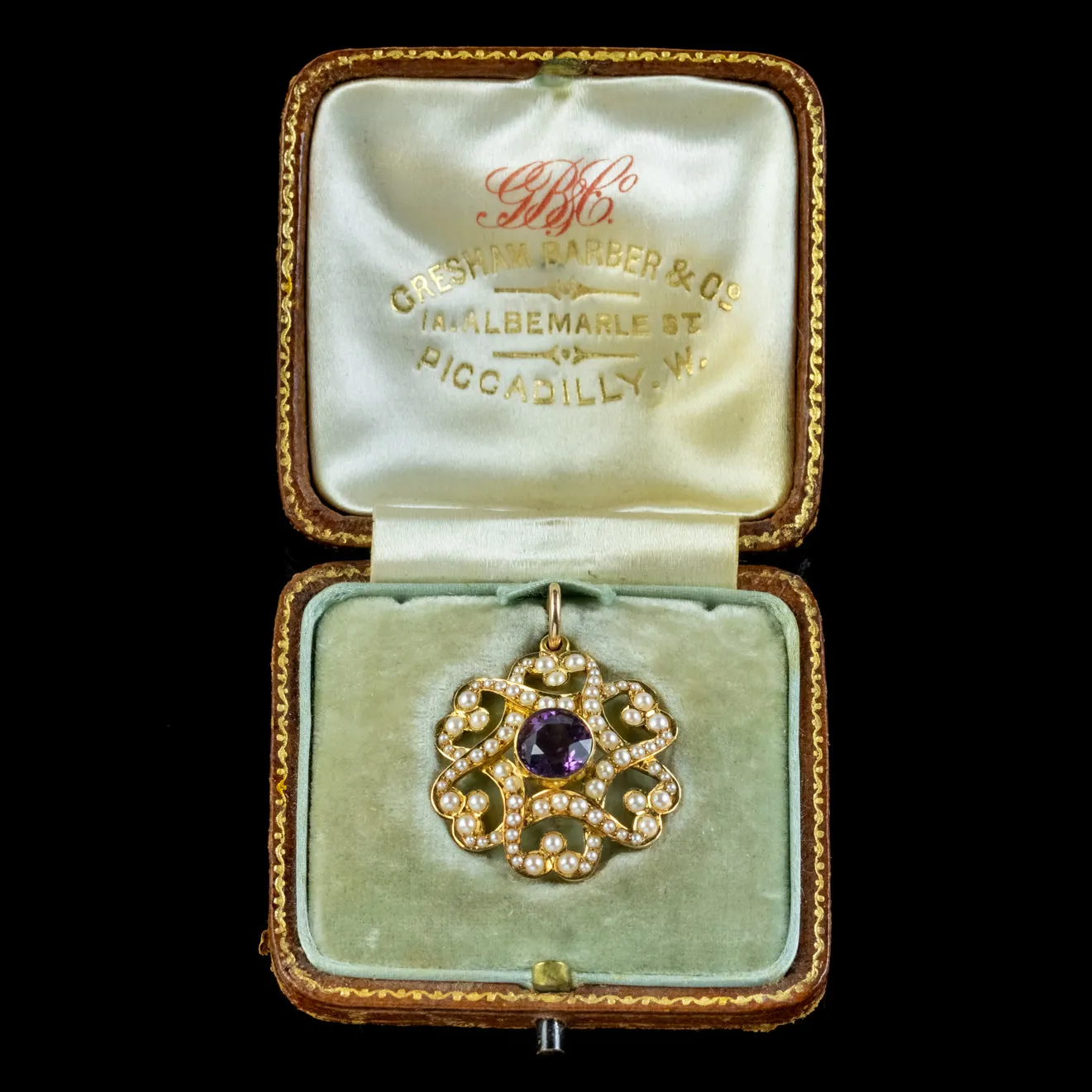 Antique Edwardian Amethyst Pearl Pendant 15ct Gold Circa 1905 Boxed