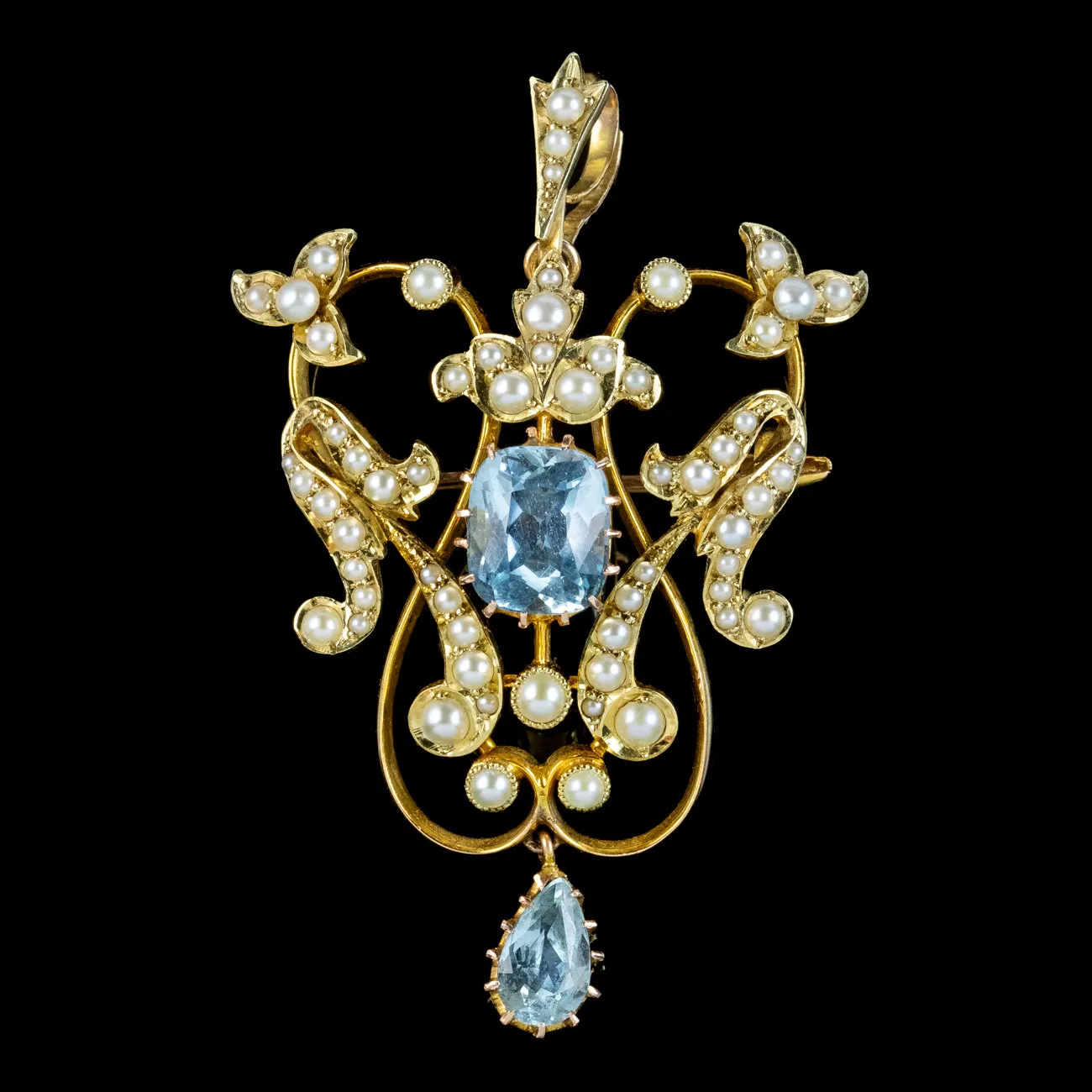 Antique Edwardian Aquamarine Pearl Pendant Brooch 15ct Gold With Box