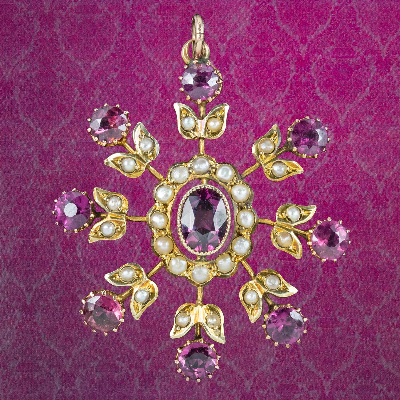 Antique Edwardian Garnet Pearl Flower Pendant 9ct Gold