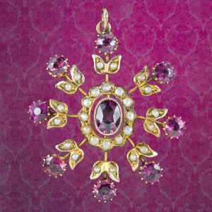 Antique Edwardian Garnet Pearl Flower Pendant 9ct Gold