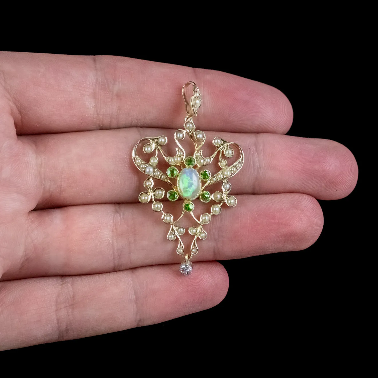 Antique Edwardian Opal Garnet Pearl Diamond Pendant 15ct Gold Circa 1905