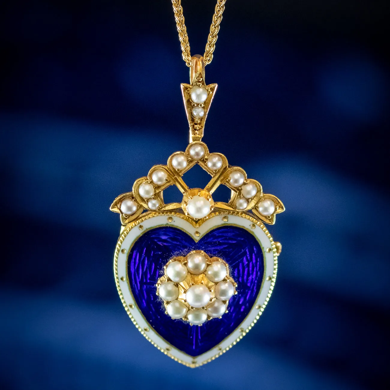 Antique Edwardian Pearl Heart Pendant Necklace 18ct Gold Blue Enamel