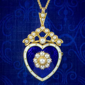 Antique Edwardian Pearl Heart Pendant Necklace 18ct Gold Blue Enamel