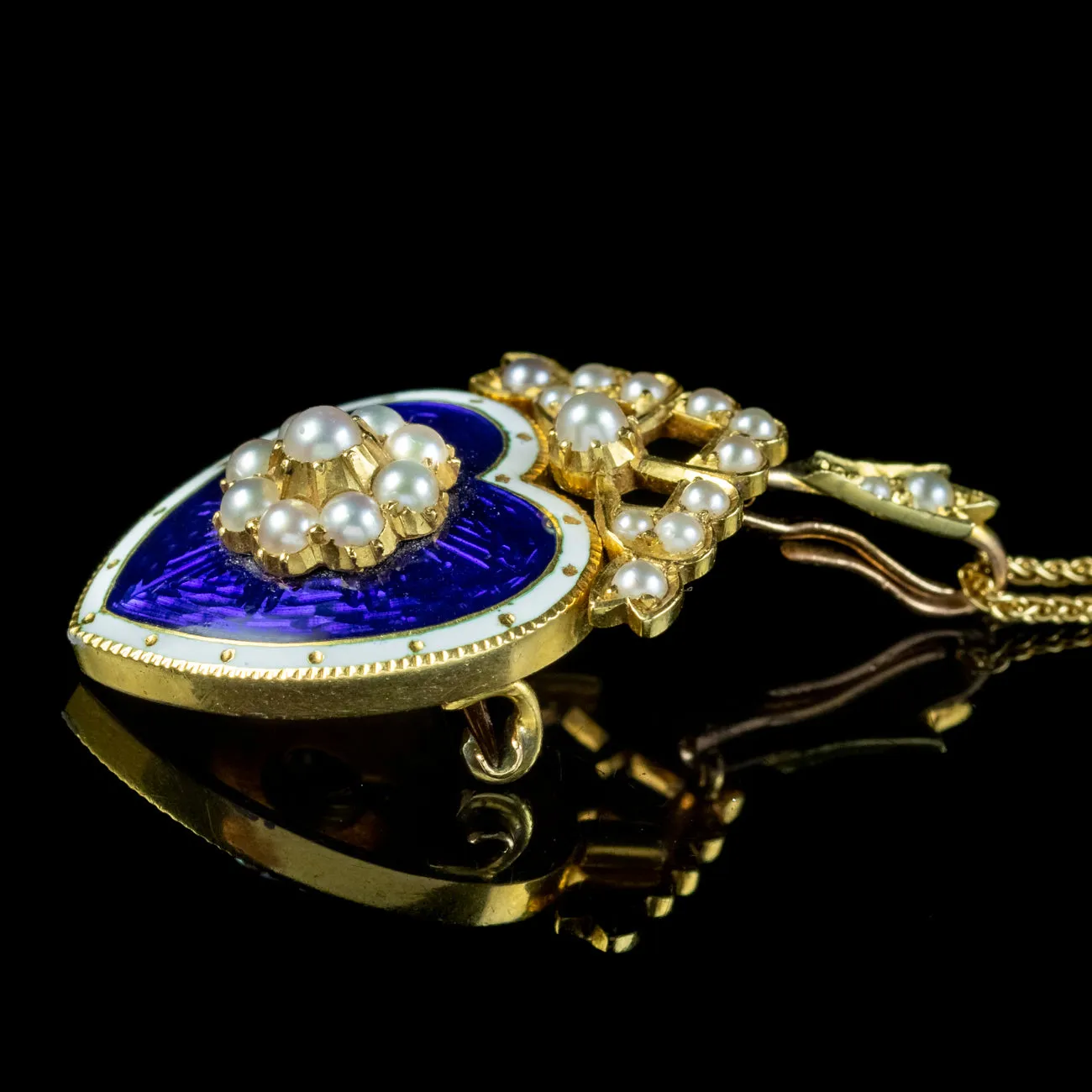 Antique Edwardian Pearl Heart Pendant Necklace 18ct Gold Blue Enamel