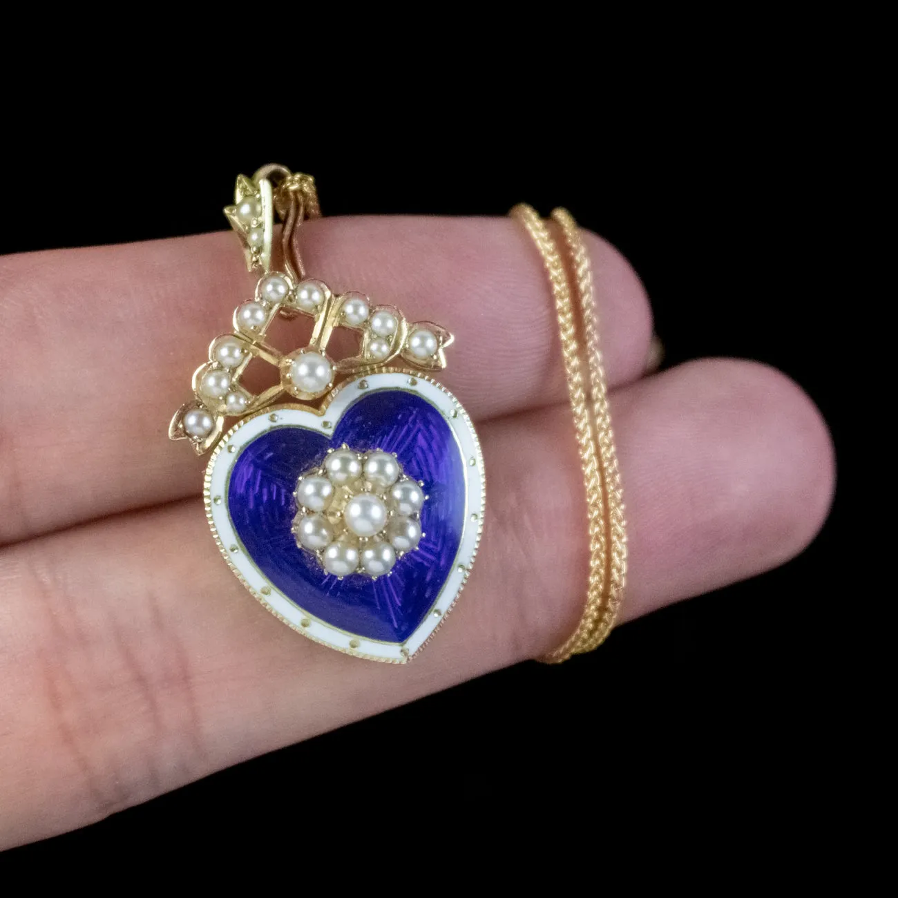 Antique Edwardian Pearl Heart Pendant Necklace 18ct Gold Blue Enamel