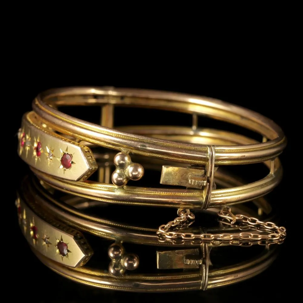 Antique Victorian 9Ct Gold Star Set Ruby Diamond Bangle Circa 1900